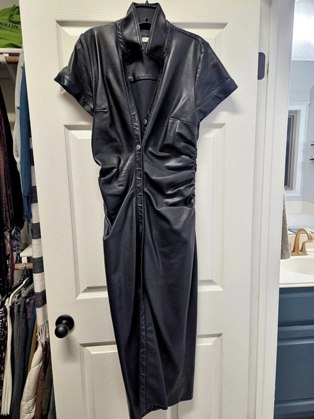 Anthropologie PILCRO Black Faux-Leather Midi Shirtdress Black Medium